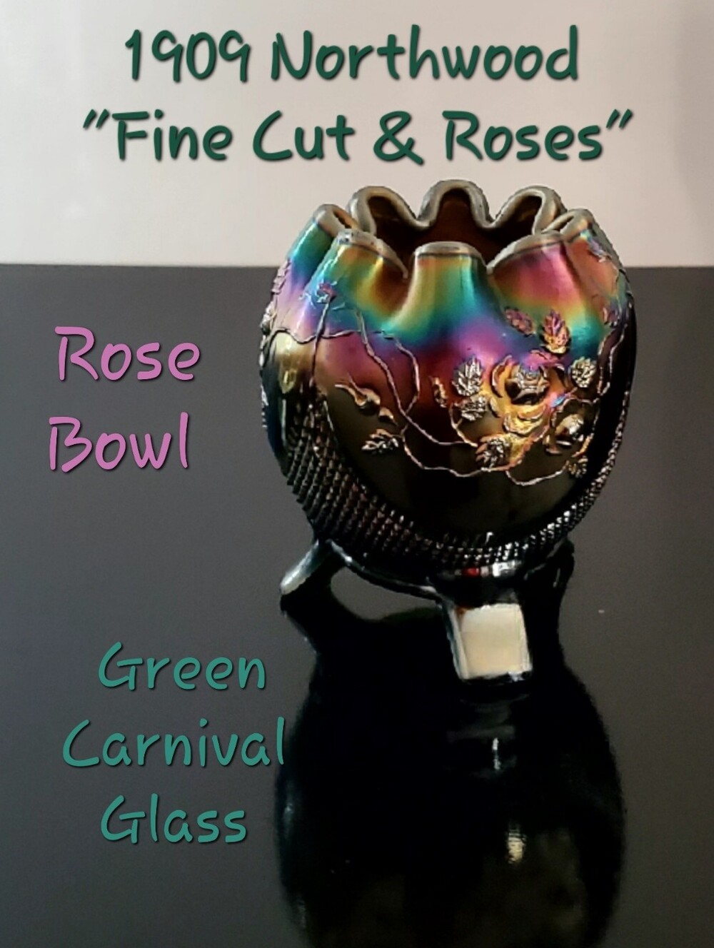 Northwood Fine Cut & Roses Green Carnival Glass Rose Bowl Marrigold Oil-Slick